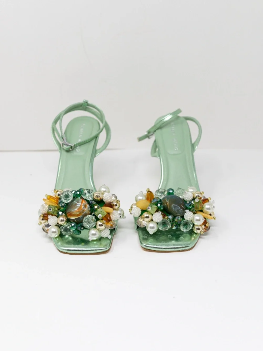 NEW Azalea Wang Candela Faux Leather Pearl Crystal Embellished High Heels Mint - Picture 2 of 4
